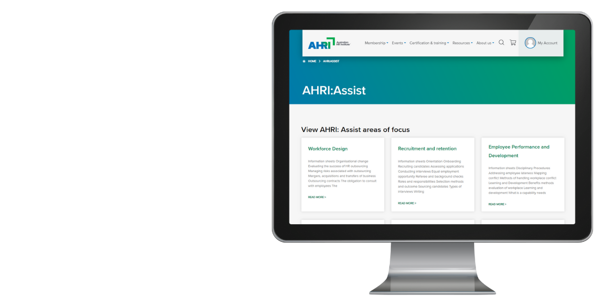 Desktop computer screen showing homepage for AHRI Assist